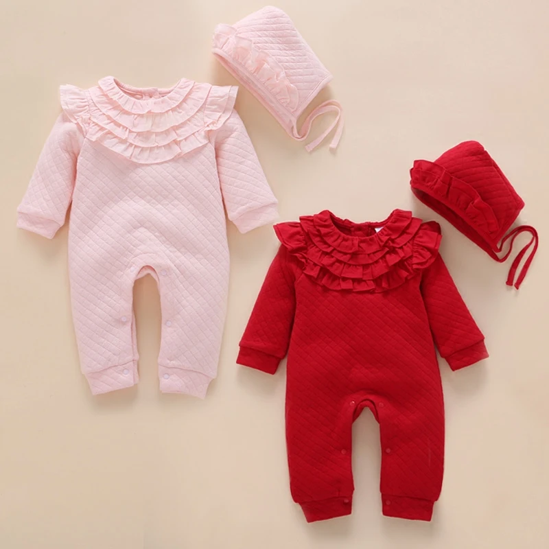 Осенне зимний плотный кружевной комбинезон для новорожденных девочек Теплый