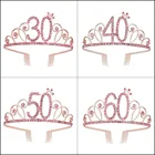 Тиара Стразы для дня рождения Женская, Розовая Повязка на голову с короной, с днем рождения 30, 40, 50, 60, аксессуары для украшения дня рождения