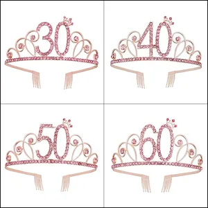 Тиара Стразы для дня рождения Женская, Розовая Повязка на голову с короной, с днем рождения 30, 40, 50, 60, аксессуары для украшения дня рождения