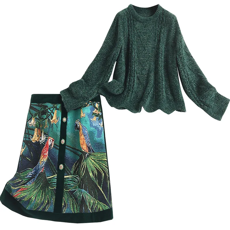 

Pullover Two Vintage Peice Set Sweater+ Animal Skirts 2 Piece Outfits for Women Skirt and Top Fashion Winter Autumn