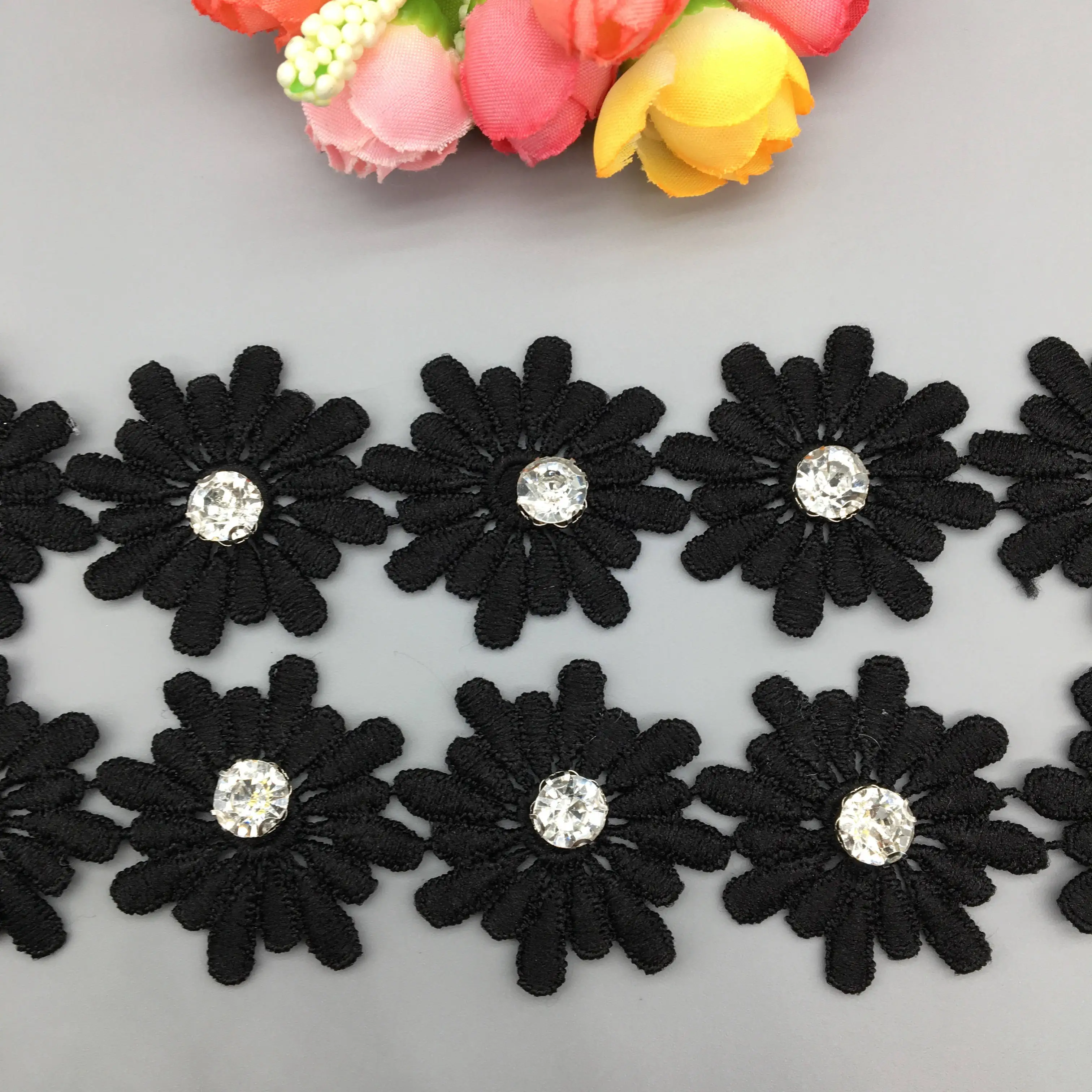 

2 yards Black 3D Cotton Daisy Flower Lace Trim Embroidered Fabric Ribbon Applique Handmade DIY Wedding Dress Sewing Carft 3.8cm