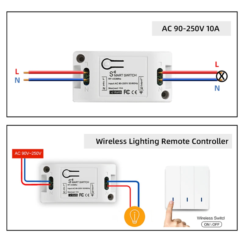 433Mhz Wireless Wall Switch 86 Panel RF Transmitter Safety and AC 110V 220V Relay Interruptor for Light Lamp | Электроника