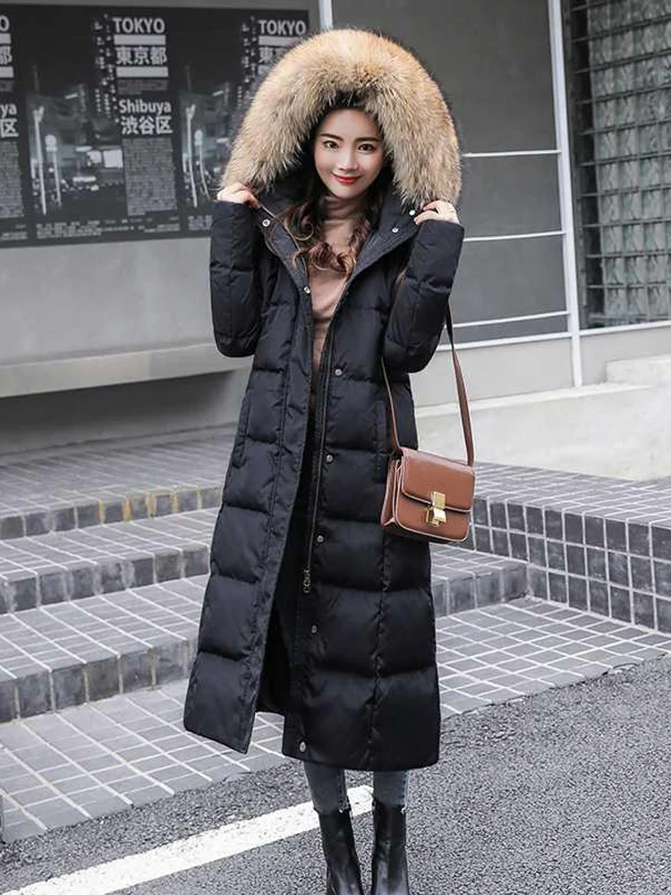 New Fashion Women Winter Duck Down Coat Big Real Fur Hooded Maxi Long Thick Parka Over-the-knee Black Grey Plus Size XXL 2XL