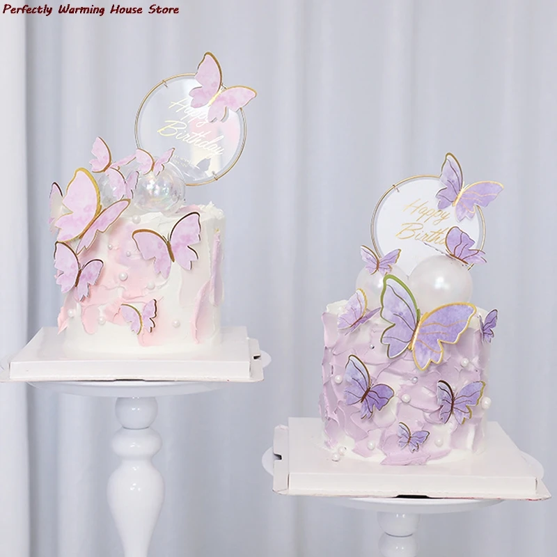 

Purple Pink Butterfly Cake Decoration Happy Birthday Cake Topper Handmade Party