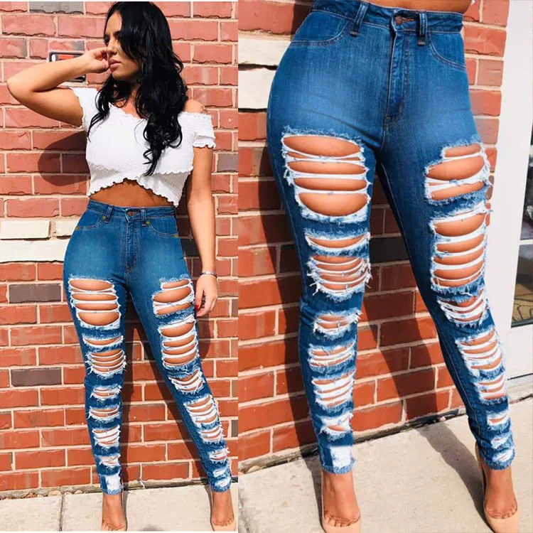 

2021 Autumn Women Jeans Pants Ripped Hollow Out High Wasit Skinny Pencil Long Pants For Women Outfit