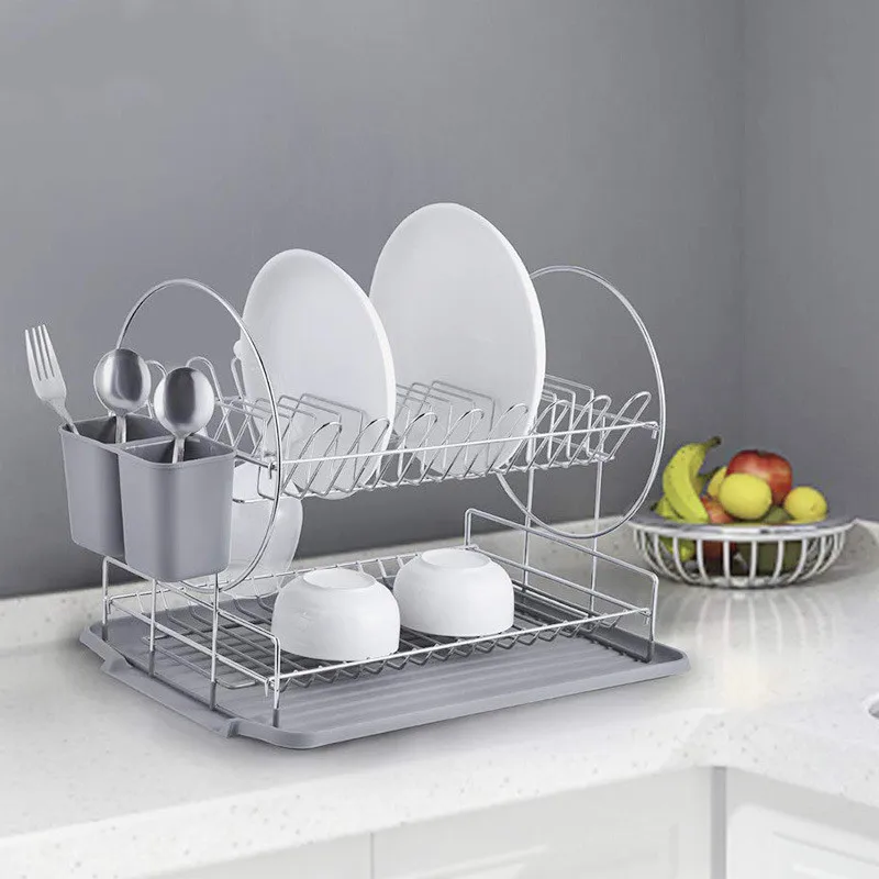 

2 Tier Stainless Steel Drying Dish Rack Kitchen Organizer Drainer Plate Holder Cutlery Storage Shelf Sink Folks Container Tool