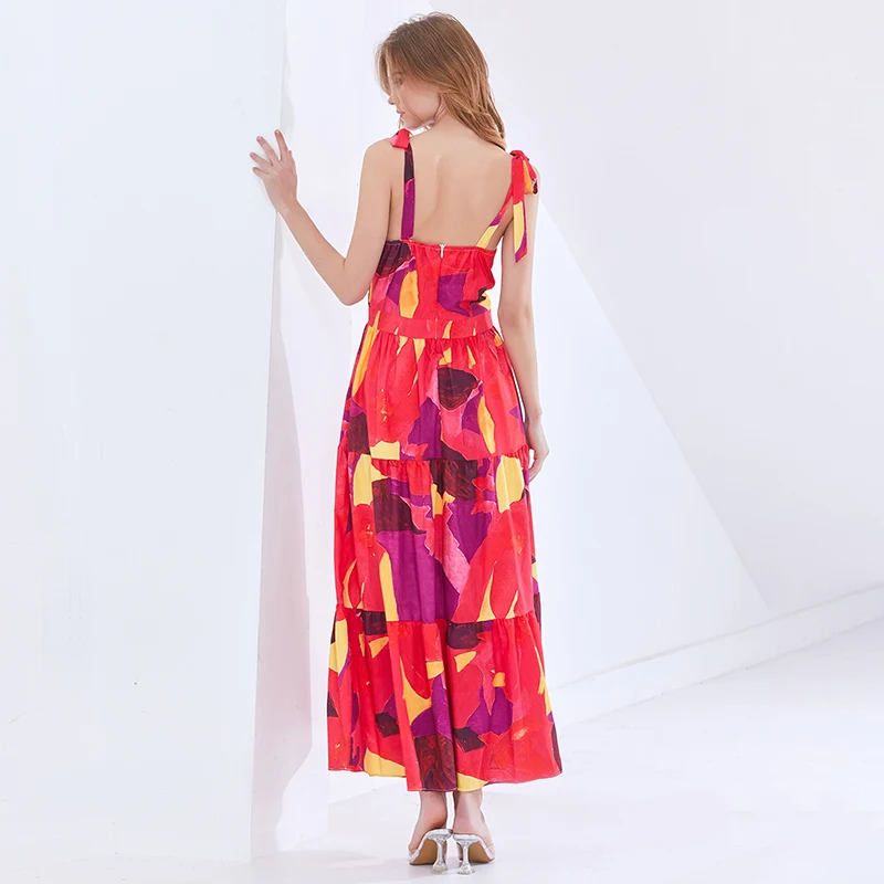 

TWOTWINSTYLE Print Geometry Sling Dress For Women Square Collar Sleeveless High Waist Lace Up Midi Dresses Female Fashion New