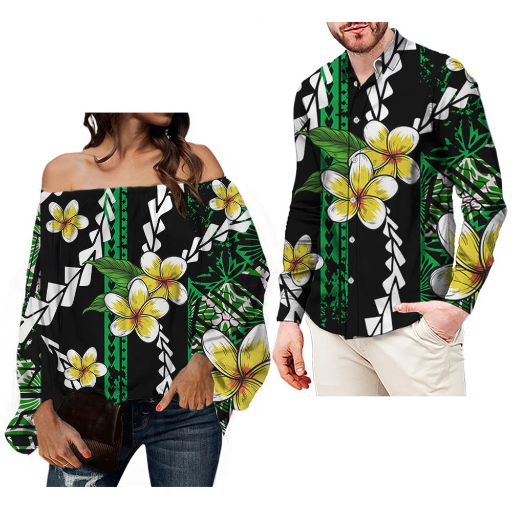 

Samoa Polynesian Tribal with Plumeria Woman Off The Shoulder Top Fashion Puff Sleeve Chiffon Blouse Match Male Long Sleeve Shirt