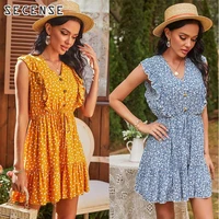 dresses women casual a line v neck patchwork design ruffles mini dress holiday short butterfly sleeveless floral printed summer