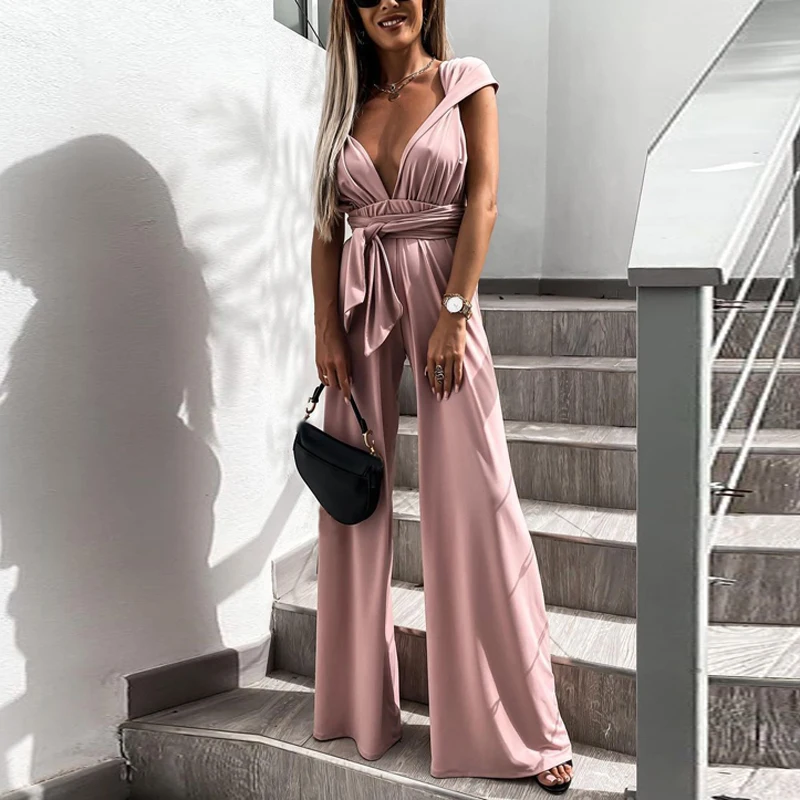 

Fashion Spring Sexy V-neck Playsuit Sleeveless Solid Color Lace-Up Female Jumpsuit Elegant Woman 2021 One-Piece Casual Clothing