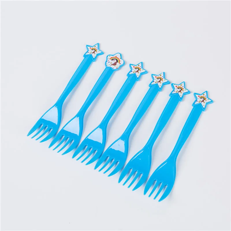 Fork-6pcs Вечерние украшения в виде единорога на день рождения, детские товары для вечеринок, бумажное украшение для свадьбы, соломинки, чашки для вечеринки, баннер, детский душ - Цвет: Fork-6pcs