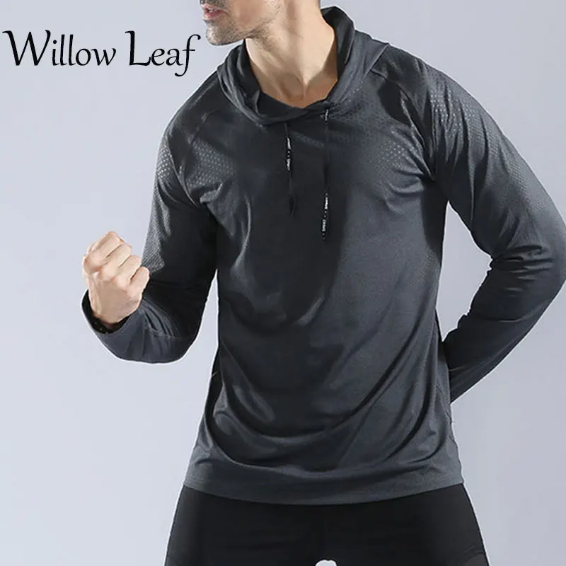 

Willow Leaf Men Gym Shirt Long Sleeve Hooded Loose Training Running T-shirts Breathable Dry Fit Fitness Training Sport Jerseys