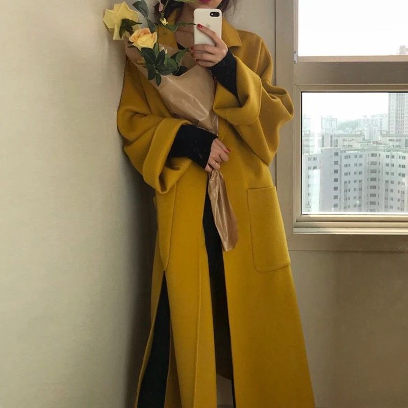 

Elegant Solid Long Wool Coat Women Batwing Long Sleeve Loose Pocket Coat Split Hem Chic Stylish Jacket Winter Autumn