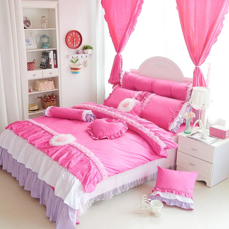 

4/3pcs 100% Cotton korean ruffles kids girls single Bedding set king queen twin size bedskirt set duvet cover decorative pillow