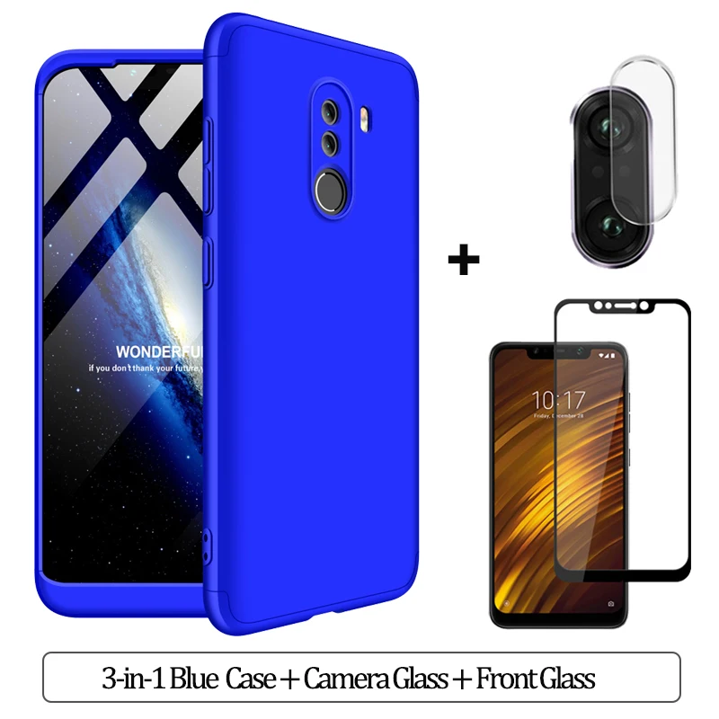 3-in-1 Blue Case 3-в-1 Стекло+ бронированный чехол для телефона xiaomi pocophone F1 case 360 Жесткий ПК анти-противоударный бампер чехол pocofone f1 оригинальным стеклянным корпусом xiaomi pocophone f1 чехол на Покофон Ф1 чехол - Цвет: 3-in-1 Blue Case