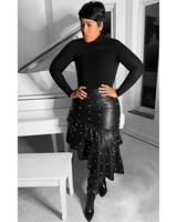 skmy women clothing new fashion sexy bodycon irregular ruffled pearl beading solid color black leather skirt party clubwear