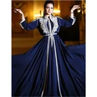 Темно-синий марокканский Caftan с аппликацией Кружева 34 рукава шифон исламский Дубай Саудовская Арабская абайя платье для выпускного вечера