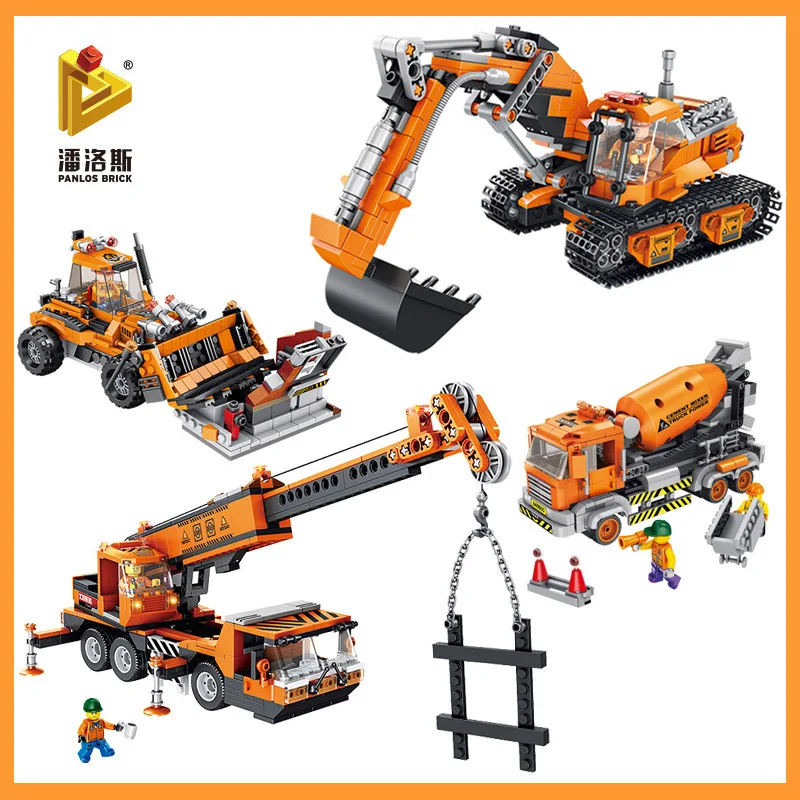 

PanLuoSi Engineering Bulldozer Crane Dump Truck Technical Building Blocks City Construction Vehicle Car Bricks Toy For Children