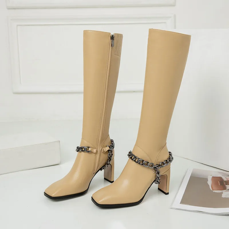

ASUMER 2020 top quality genuine leather +pu knee high boots women square toe chain high heel boots ladies party shoes black