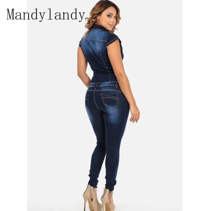 

Mandylandy Jumpsuits Summer Short Sleeve Pocket Turn-down Collar Denim Pencil Jumpsuits Women's Solid Single-Breasted Jumpsuits