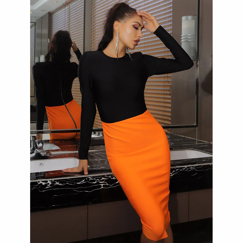 

2021 New Women Long-Sleeved Bandage Dress FemaleRound Neck Stitching Mid Calf Party Club Holiday Office Lady Elegant Fashion
