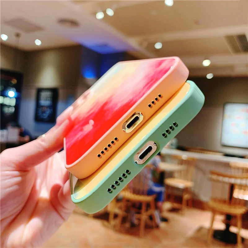 

Luxury Cute Watercolor Plain Mirror Glass Phone Case For iPhone 12 11 Pro max SE XSmax XR X 8 7 6 Plus Camera Protection Cover
