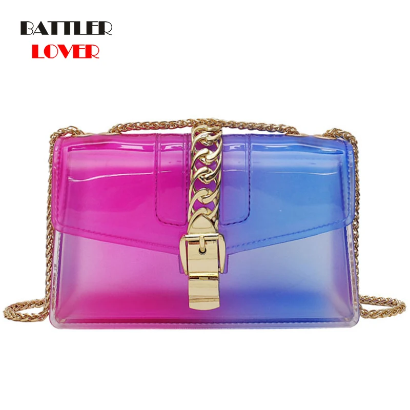 

Transparent Color Handbags For Women 2021 Sequined Design Shoulder Bags Female PVC Crossbody Flaps Ladies Fashion Chains Purses