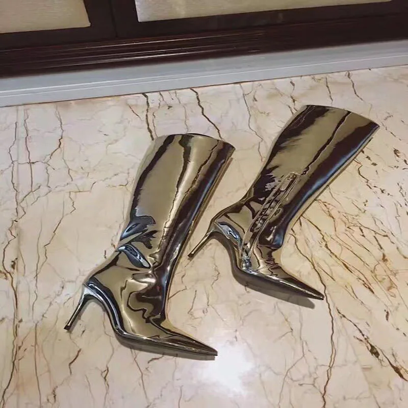 

Женские высокие ботинки из зеркальной кожи, серебристые высокие ботинки в европейском и американском стиле, Осень-зима 2021