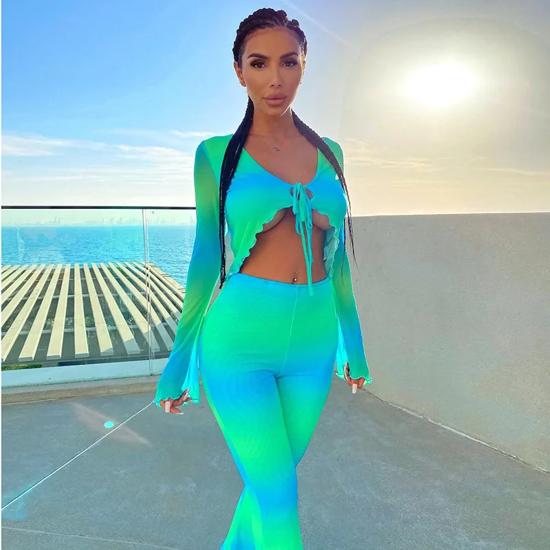 

Женский комплект 2 шт. рубашка контрастного цвета с длинными рукавами и узкие расклешенные брюки, сексуальный комплект одежды Vetement Femme 2021