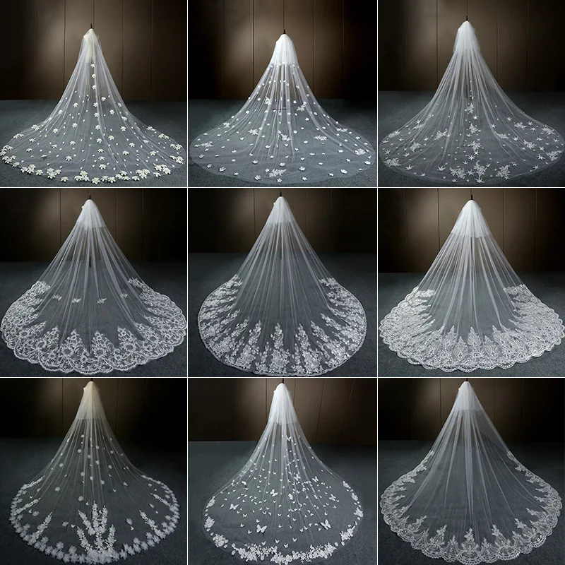 Реальные фотографии длинная кружевная свадебная вуаль с гребнем белая свадебная вуаль свадебные аксессуары Роскошная Фата