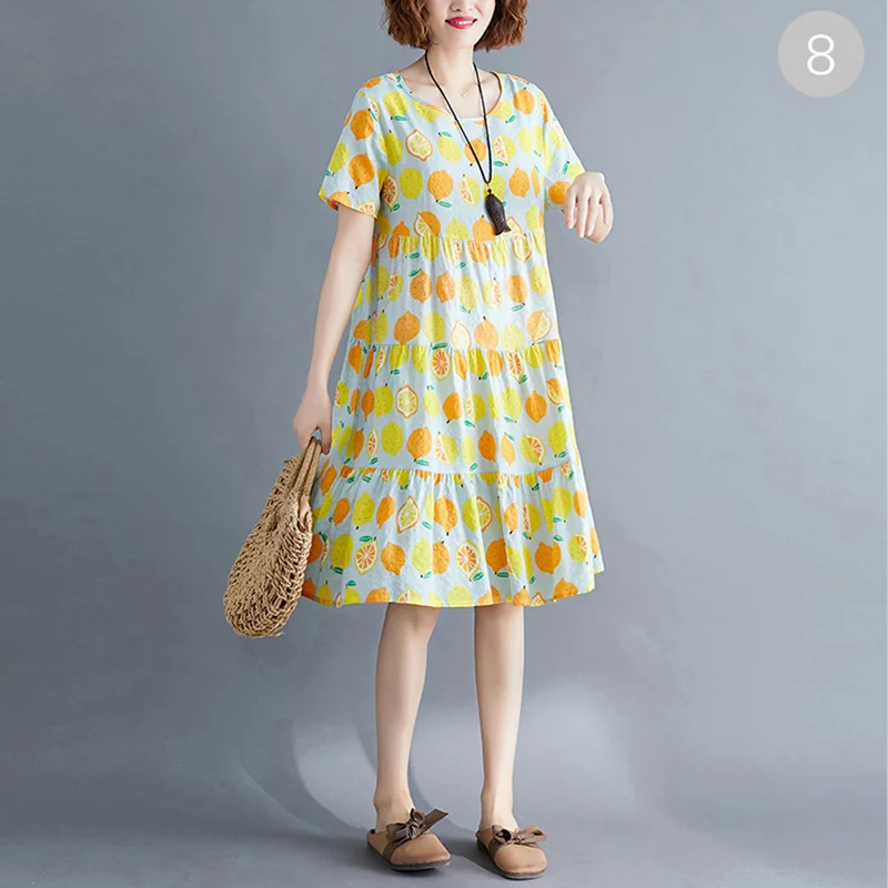 

Large Size Floral Dress Women's Summer 2020 New Loose Mid-Length Cotton Silk Fashion Printed O-Neck Short-Sleeve Vestidos Mujer