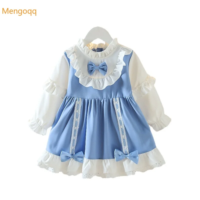 

Young Children Princess Spring Full Sleeve Ruched Lolita Bow Knee-length Dress Kids Baby Girls Clothes 1-5Y