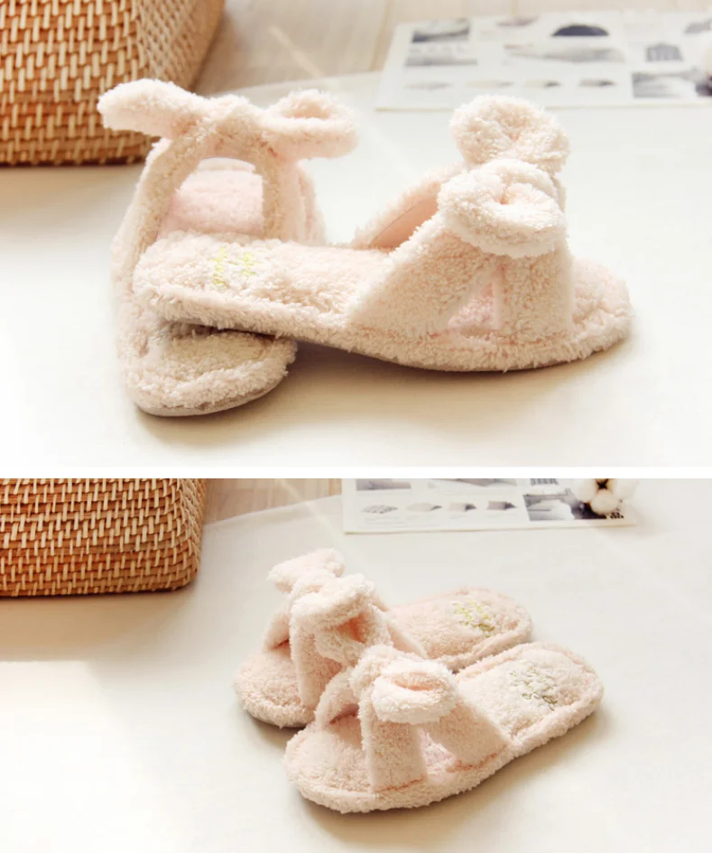 Шлепанцы женские домашние мягкие Меховые Нескользящие с милым бантом короткая