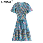 Винтажное шикарное модное женское платье в стиле хиппи с цветочным принтом и V-образным вырезом, богемное мини-платье с коротким рукавом, женские пляжные платья в стиле бохо с запахом