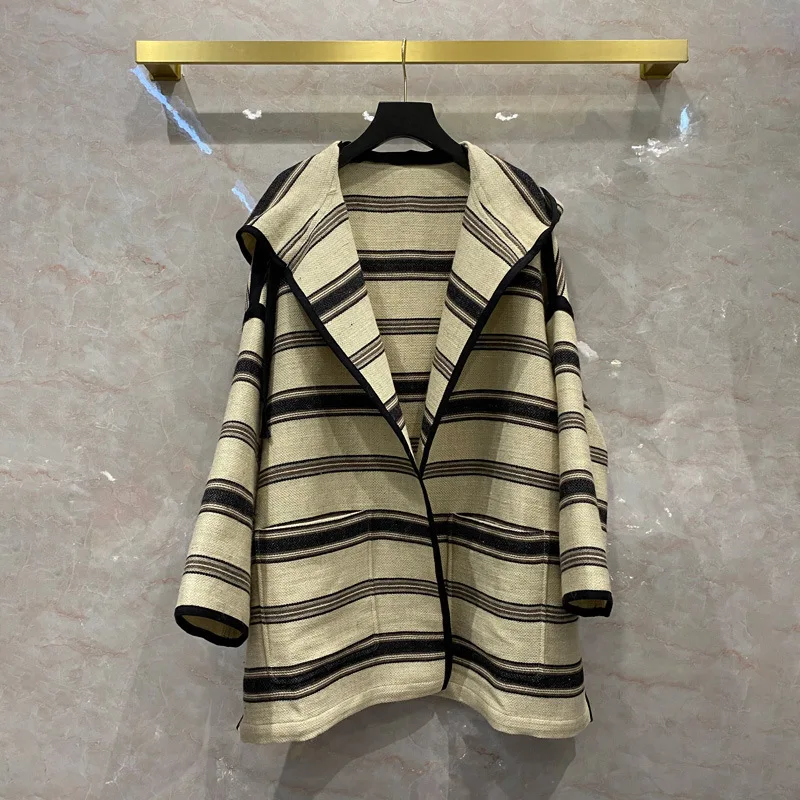 

Spring New Arrival Autumn Fashion women's stripe loose overcoat High quality Wool hooded coat B673