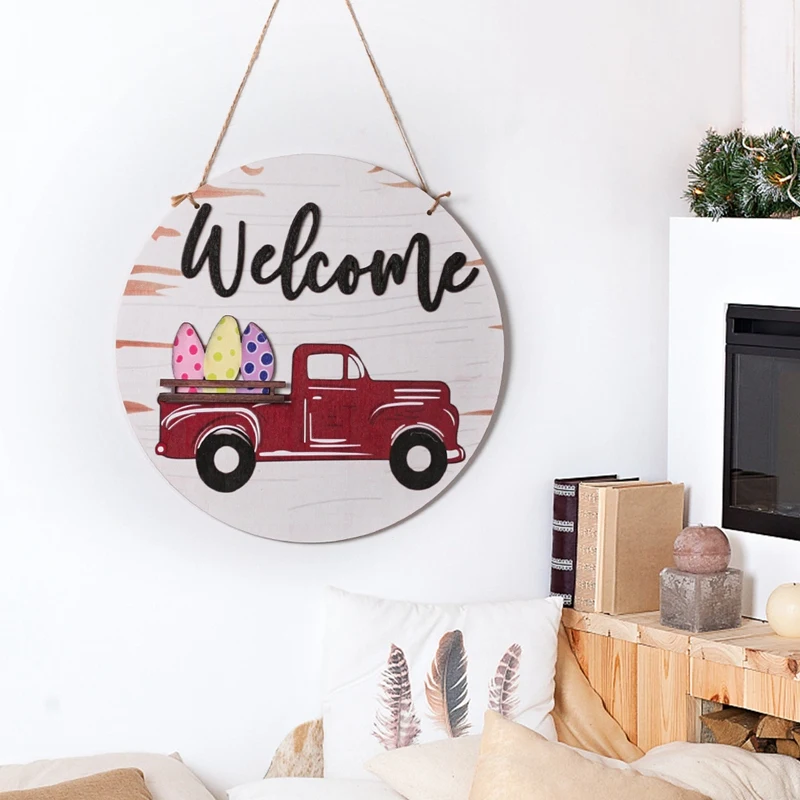 

Interchangeable Seasonal Red Truck Welcome Door Sign Wooden Round Door Hanger Wreaths Signs for Farmhouse Home Decor