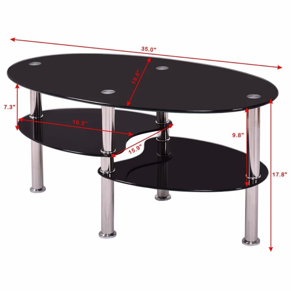 

Modern Tempered Glass Oval Side Coffee Table Desk Shelf Chrome Base Living Room Furniture Clear Black Coffee Table HW66281