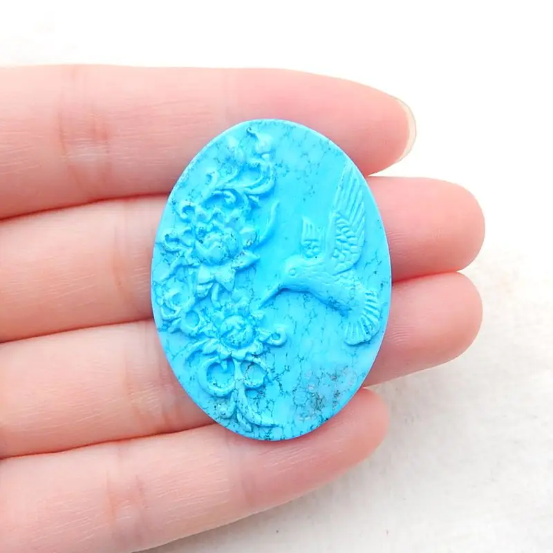 

Handmade Carved Flowers And Bird Blue Color Pendant Howlite Carved Fashion Necklace 40x30x4mm7g