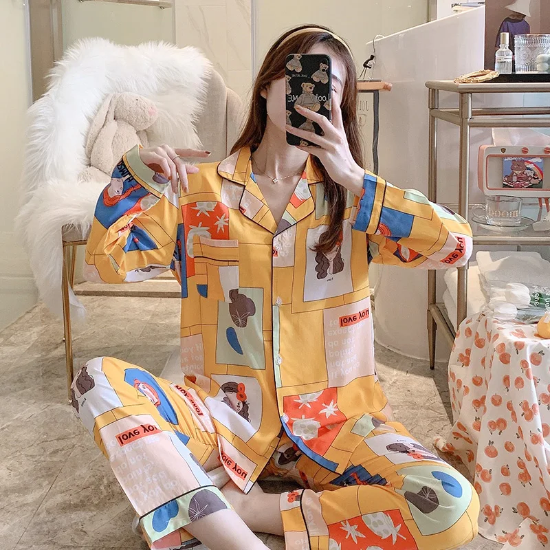 Viscose Staple Fiber Pajamas nv chun Autumn Long Sleeves Thin Cotton Silk Tracksuit Japanese Cute Bourette Suit Can Outerwear