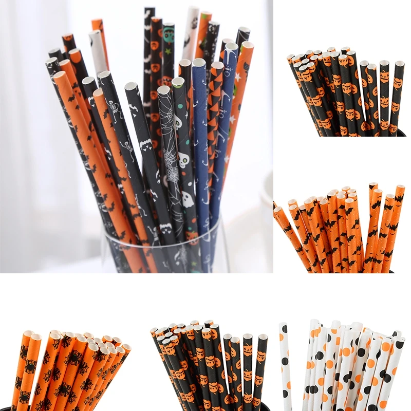 25 шт./лот бумага для Хэллоуина соломинки череп тыква летучая мышь призрак