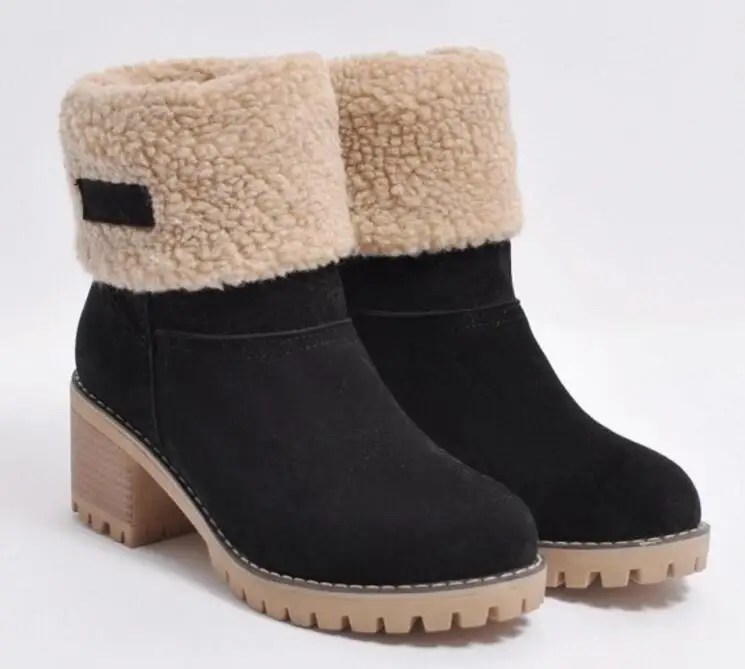 black Женские зимние ботинки на высоком квадратном каблуке; chaussure; теплая женская обувь на меху; zapatos mujer sapato; ботинки до середины икры; XZ180051 - Цвет: black
