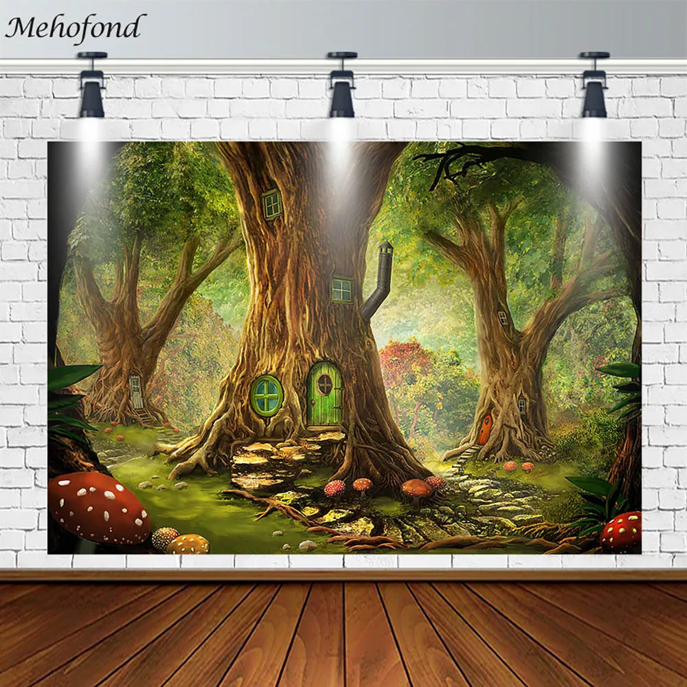Mehofond детский портрет фотозона Зеленая фея лес фон дерево дом фотообои баннер |