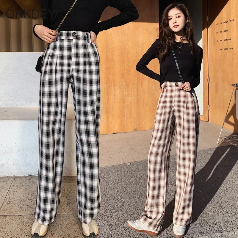 

Okkdey Plaid Button High Waist Pants Women Street Stylish Full Wide-leg Retro Womens Trousers Loose Classic Fashion Sexy Ladies