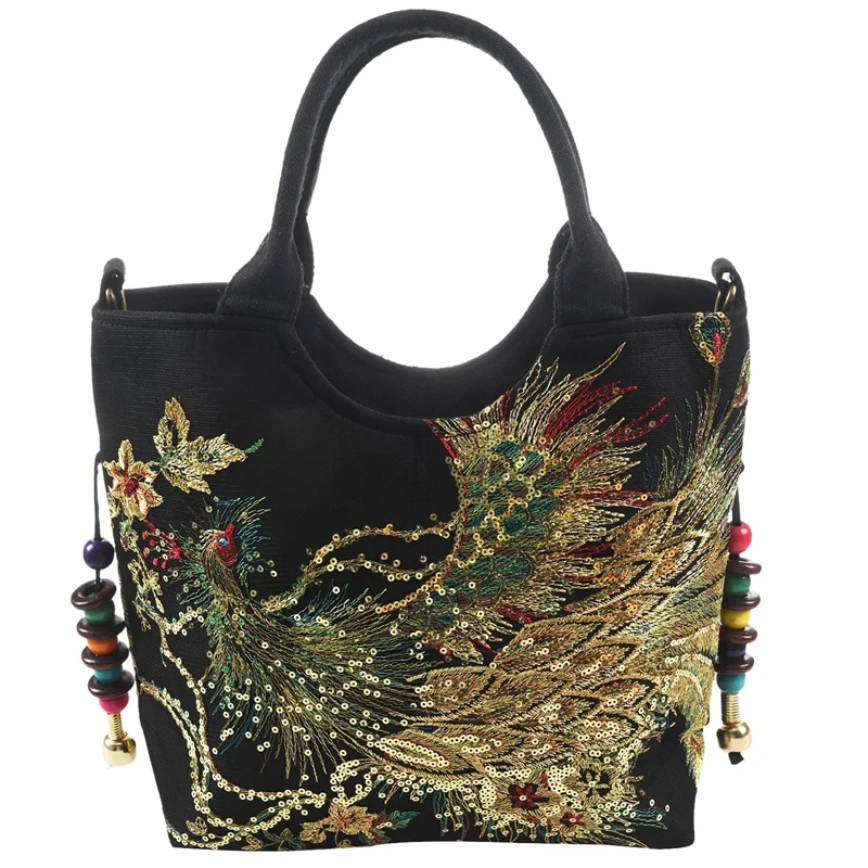 

Shiny Sequins Peacock Embroidered Women Canvas Totes Bag, Summer Shopping Shoulder Bag Vintage Beaded String Handbag Black