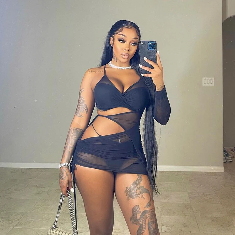 

Mesh Hollow Out Sexy Mini Dress Summer One Sleeve See Through Dresses Solid Elegant Casual Female Clothing 2021