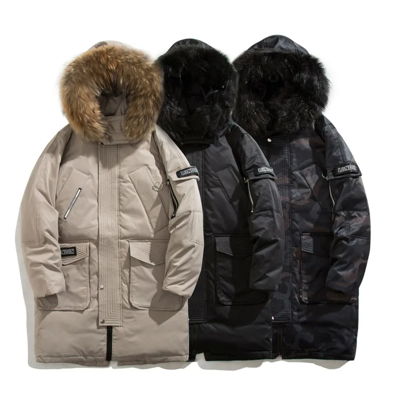 Winter Down Jacket Mens Puffer Coat Long Warm Thick Fur Collar Hood Parkas Jacket Coat Outwear Classic Windproof Parka