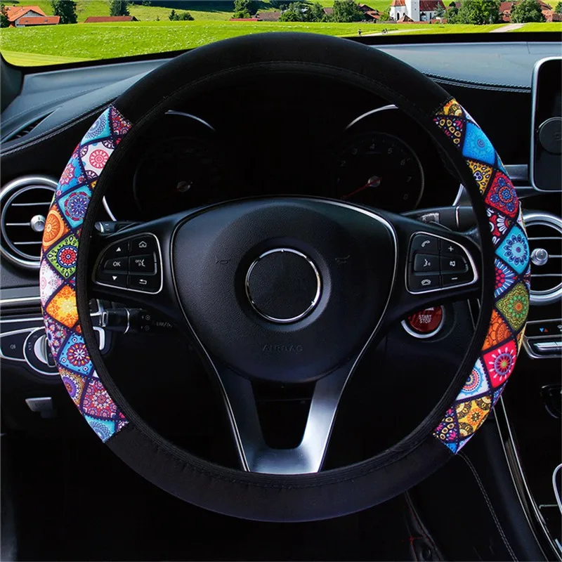 

38cm Elastic Car Steering Wheel Cover Ethnic Style Print Anti-slip Car Styling Car Steering-wheel Cover Car Interior Accessories