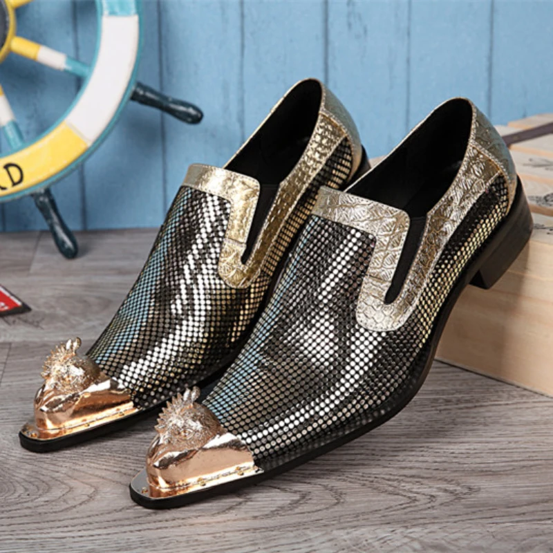 

Christia Bella Gold Pointed Toe Men Dress Shoes Plus Size Genuine Leather Club Party Men Shoes Business Formal Leather Shoes