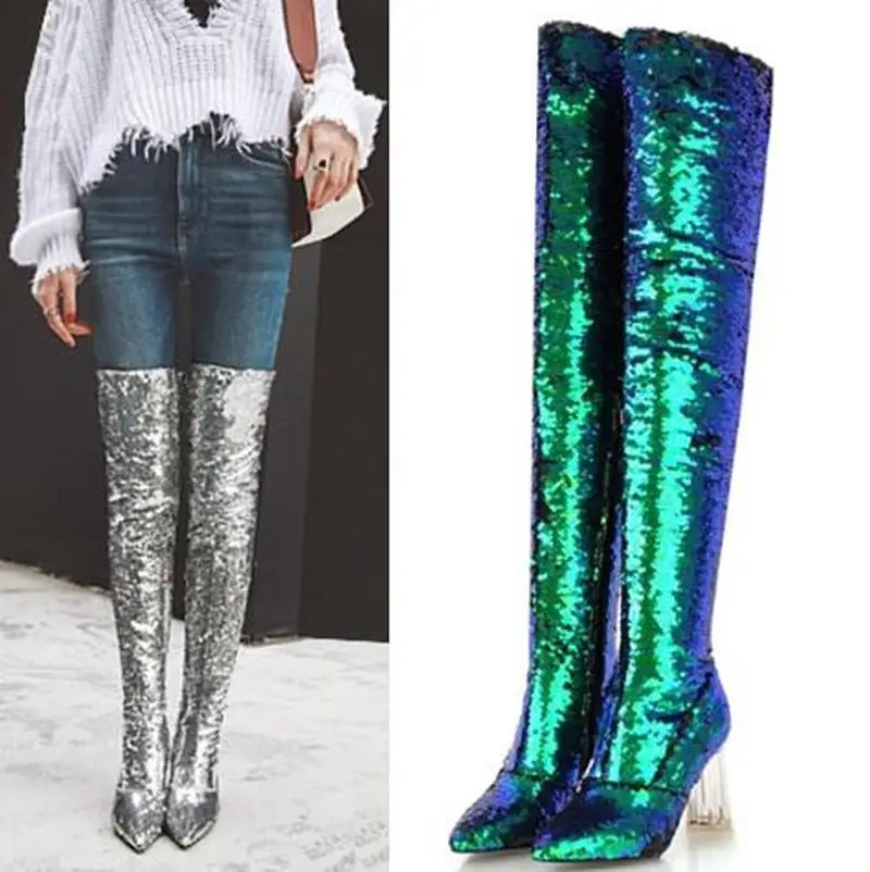 

OEING Womens Pointed Toe Over Knee Thigh Boots Block Crystal Transparent High Heel Shoes Sequins Bling Size 12Colors
