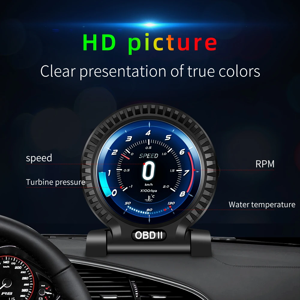 

Automobile On-board Computer Car Digital OBD 2 HUD Display Speed RPM MPH Fuel Consumption Tacho Turbo Temperature OBD2 Gauge